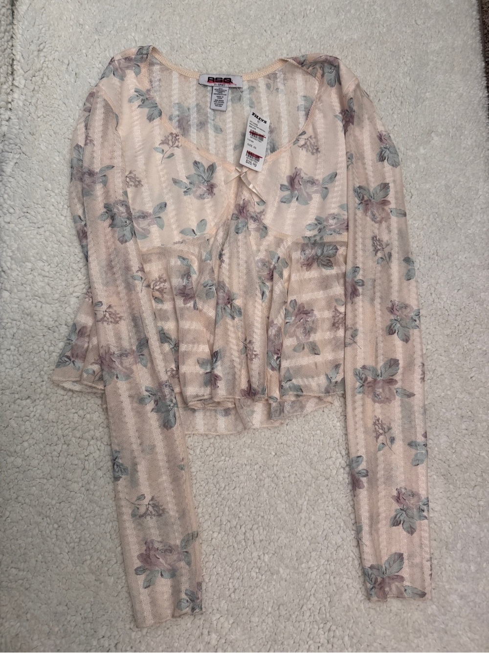 RSQ Sheer Blush Floral Peplum Long-Sleeve Blouse